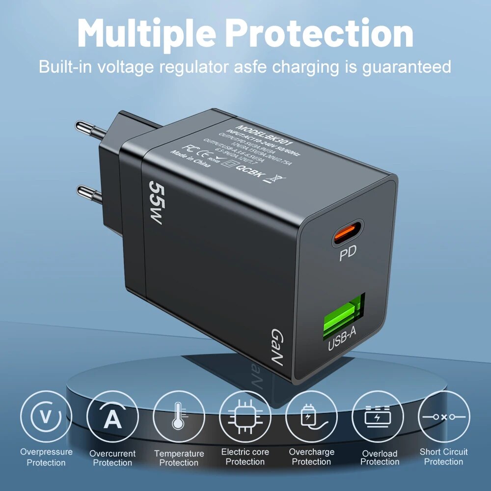 55W USB C PD Korea GaN Charger QC3.0 Fast Charging KR Plug For iPhone 15 14 Pro Max iPad Xiaomi Samsung S23 POCO. 
