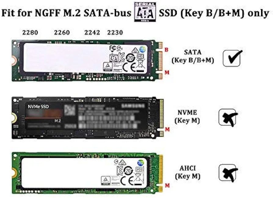 M.2 SATA SSD to USB 3.0 External SSD Reader Converter Adapter Enclosure with UASP, Support NGFF M.2 2280 2260 2242 2230 SSD with Key B/Key B+M(Can't Fit for PCIe NVMe/PCIe AHCI with Key M). 