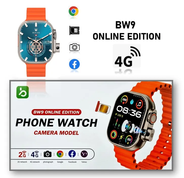 Sim Supported BW9-4G / BW10-4G Sim Card Smartwatch +Hidden Camera+4G Sim slot with
2.2 inch HD Display Smart watch Carbon Free pair strap, full touch screen with one strap and wireless charger for men's and boy's. 