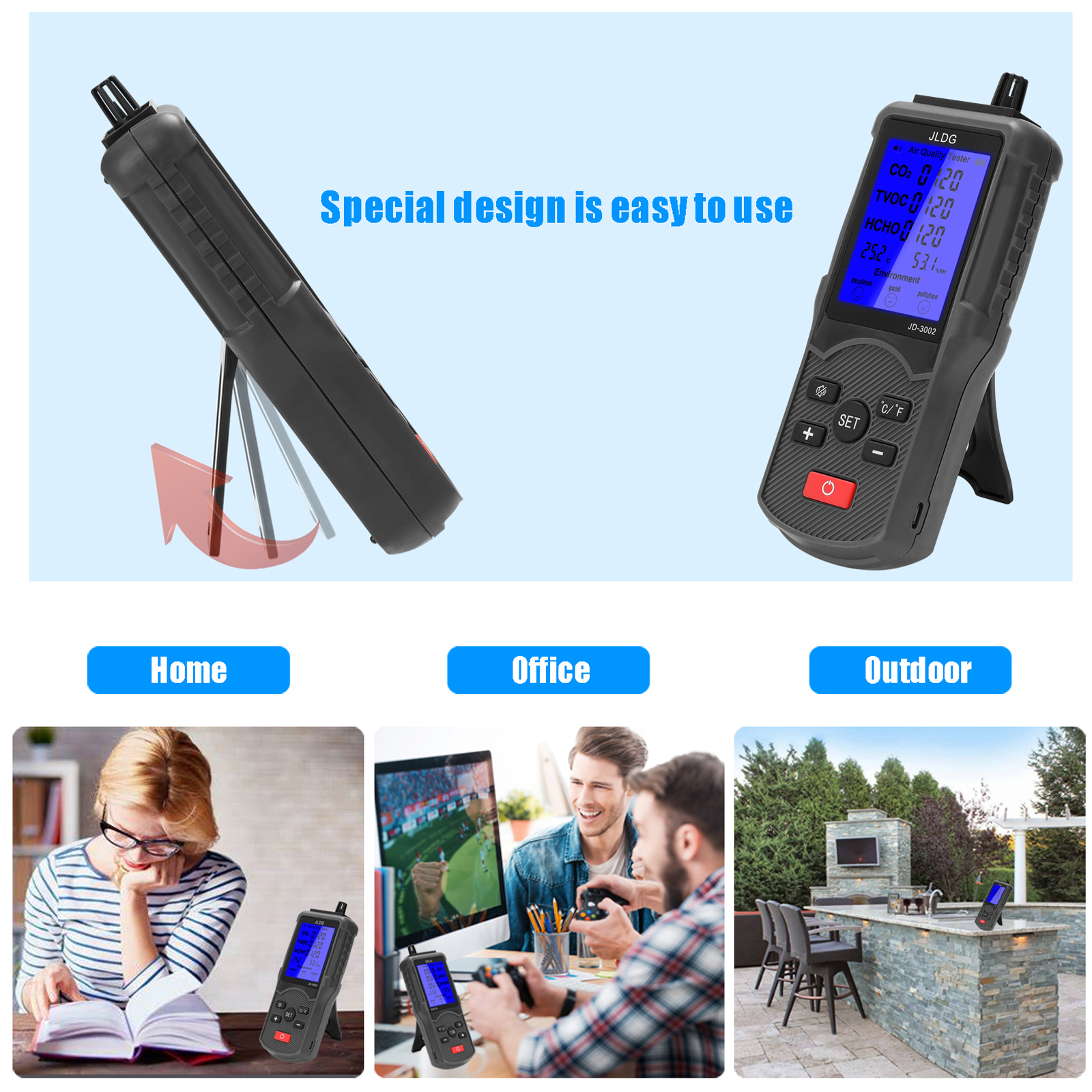 JD-3002 Air Quality Detector CO2 HCHO TVOC Temperature Humidity Measuring Device CO2 Meter Multifunctional Air Quality Analyzer. 
