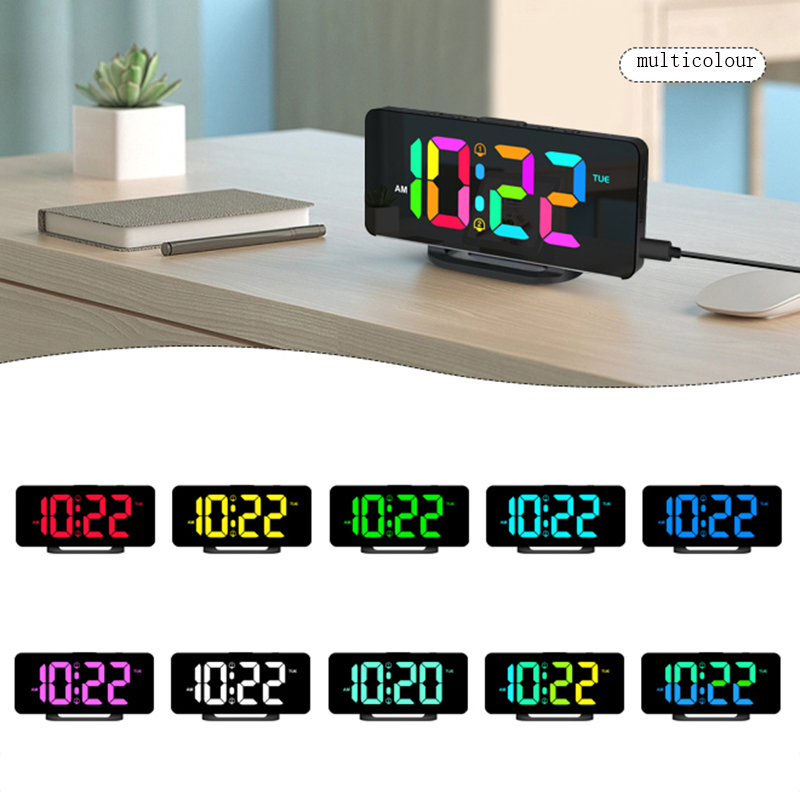 Digital Alarm Clock Desk/Wall Dimmable Electronic Clock with RGB Atmosphere Night Light  Rainbow Time USB Charger Week Display. 