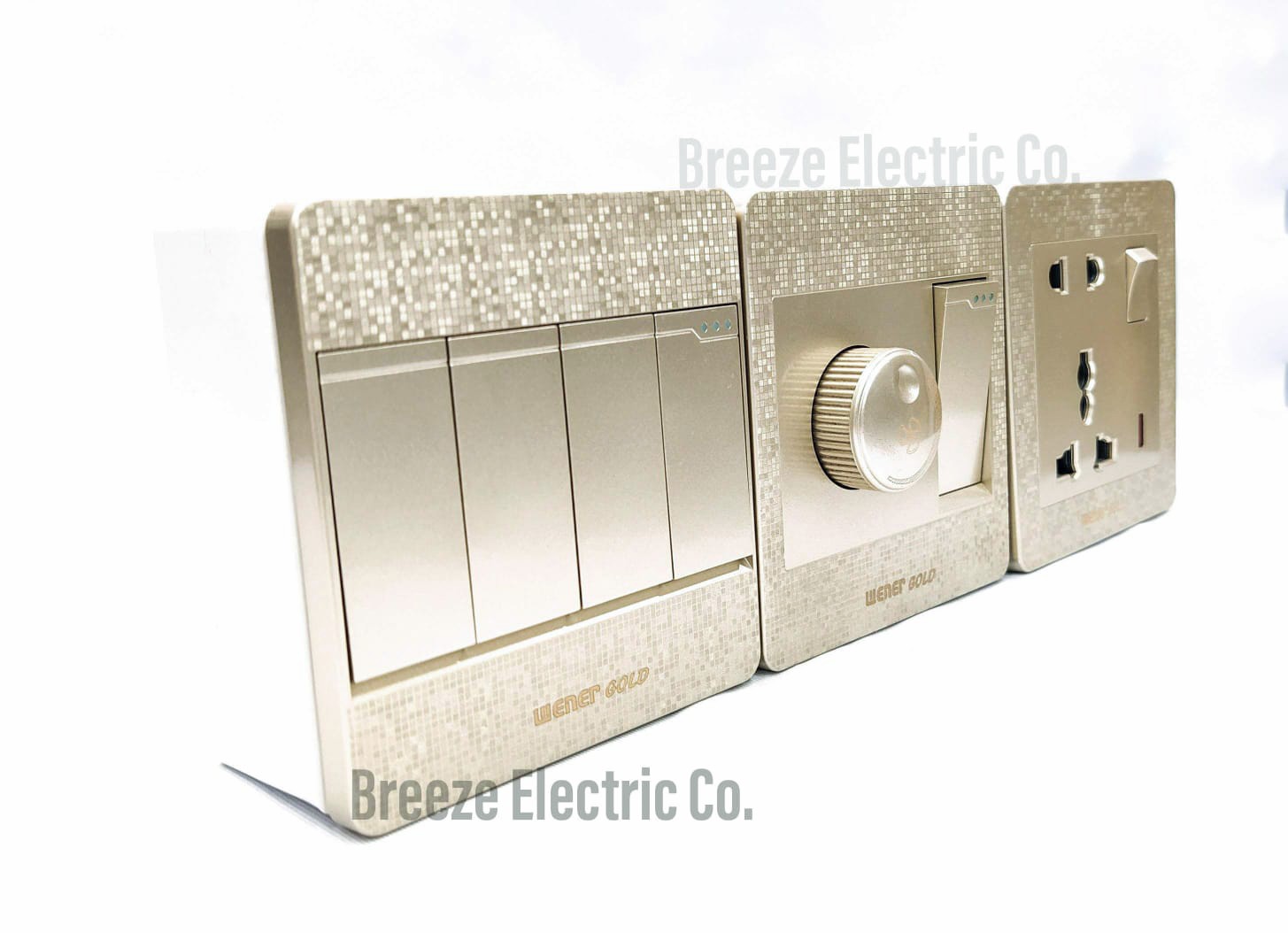 Wener Gang Switch Standard Value Pack: 4 Gang+ Fan Dimmer+13A 5 pin Multi Socket+3 gang Plastic Back Cover.