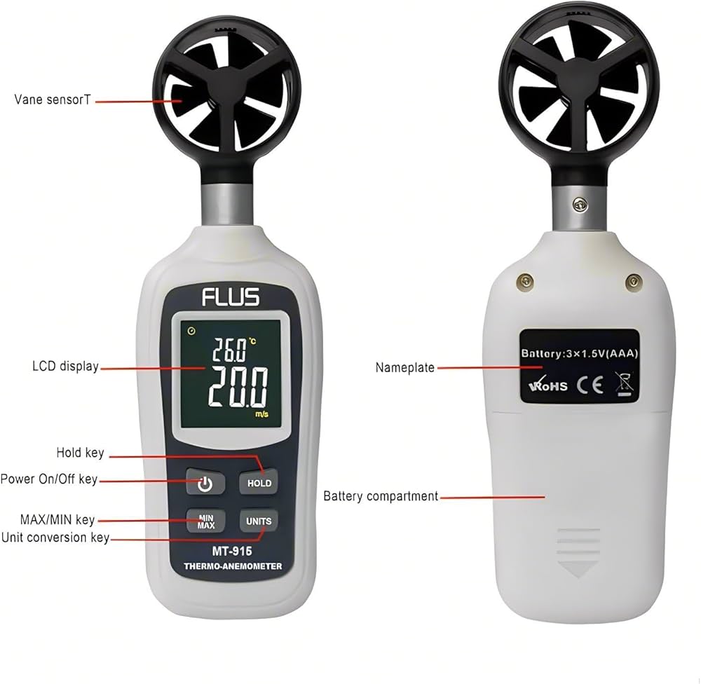 Flus Handheld Digital Mini Anemometer MT-915 Thermo-Anemometer. 