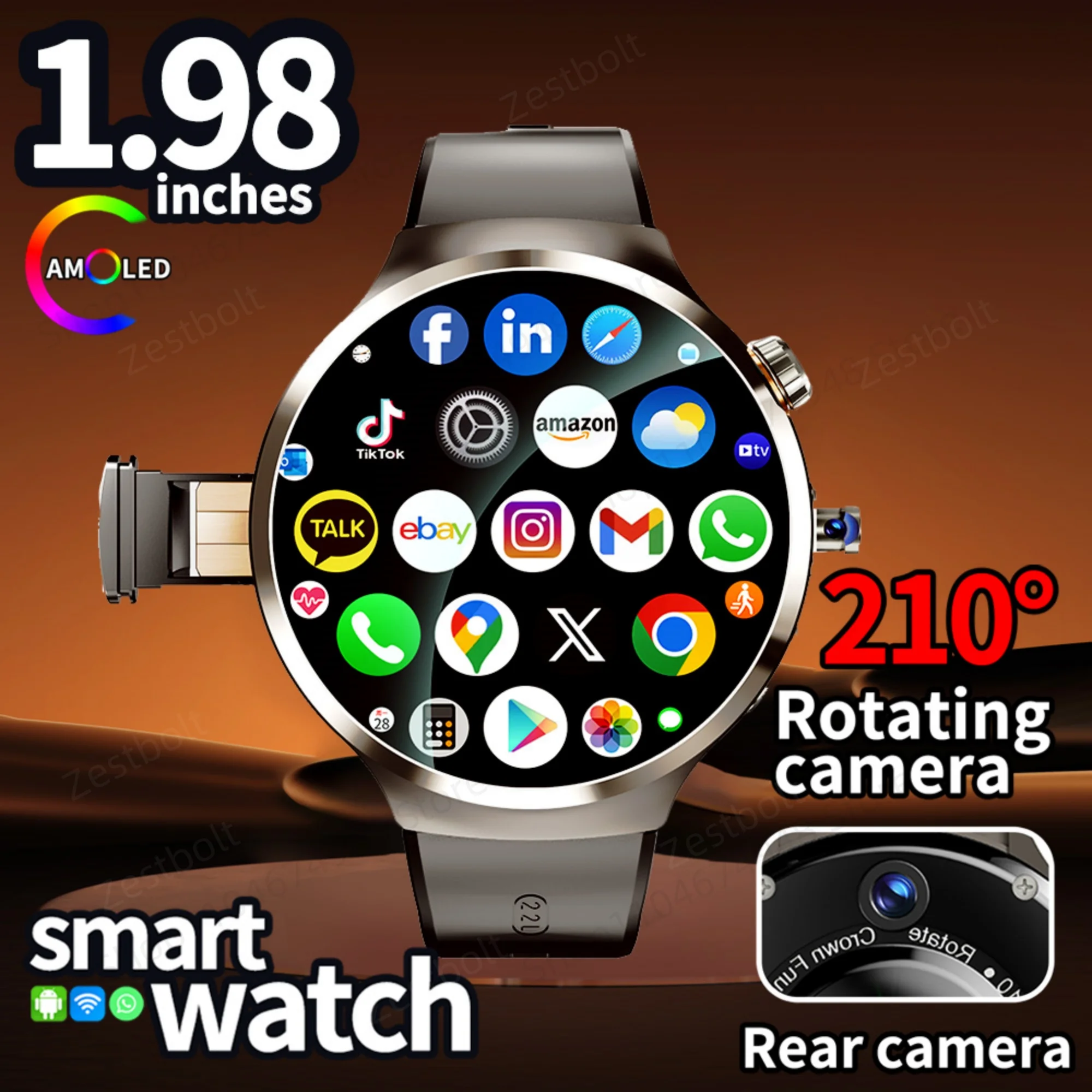 Dual System Android 13.0 Smartwatch 4G 5G LTE Smart Watch with 210° Rotary Camera WIFI Compass 1900Mah Battery 1.98inch