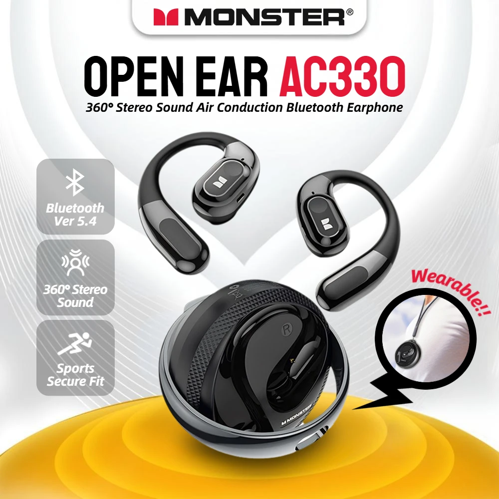 Monster Open Ear AC330 Bluetooth Headphone Air Conduction Sports Earphones HiFi Stereo Bluetooth 5.4 Ture Wireless TWS Earbuds