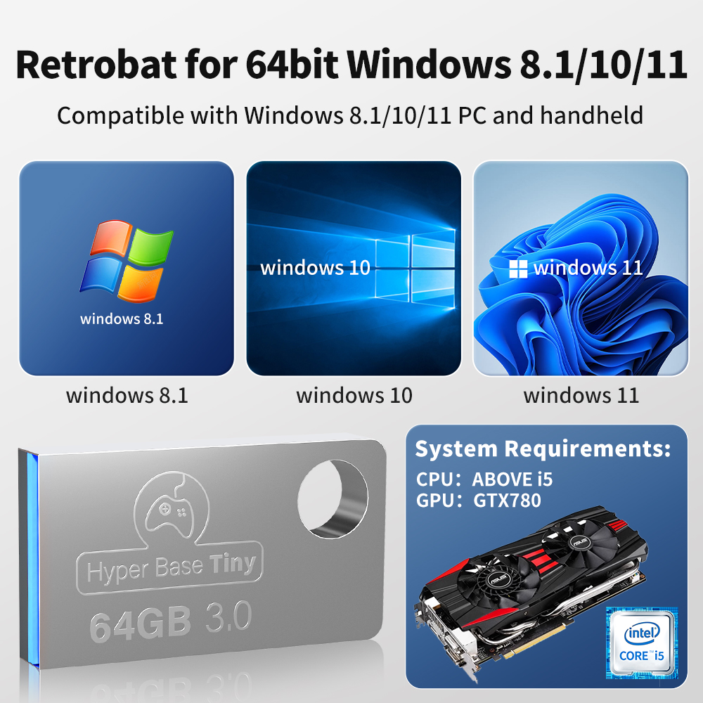 Retrobat 64G USB 3.0 Disk 15 Emulators＆8731 Retro Games for PSP/DC/N64/NES/SNES/DS/NAOMI for Windows PC/Laptop/Rog Ally HandHeld. 