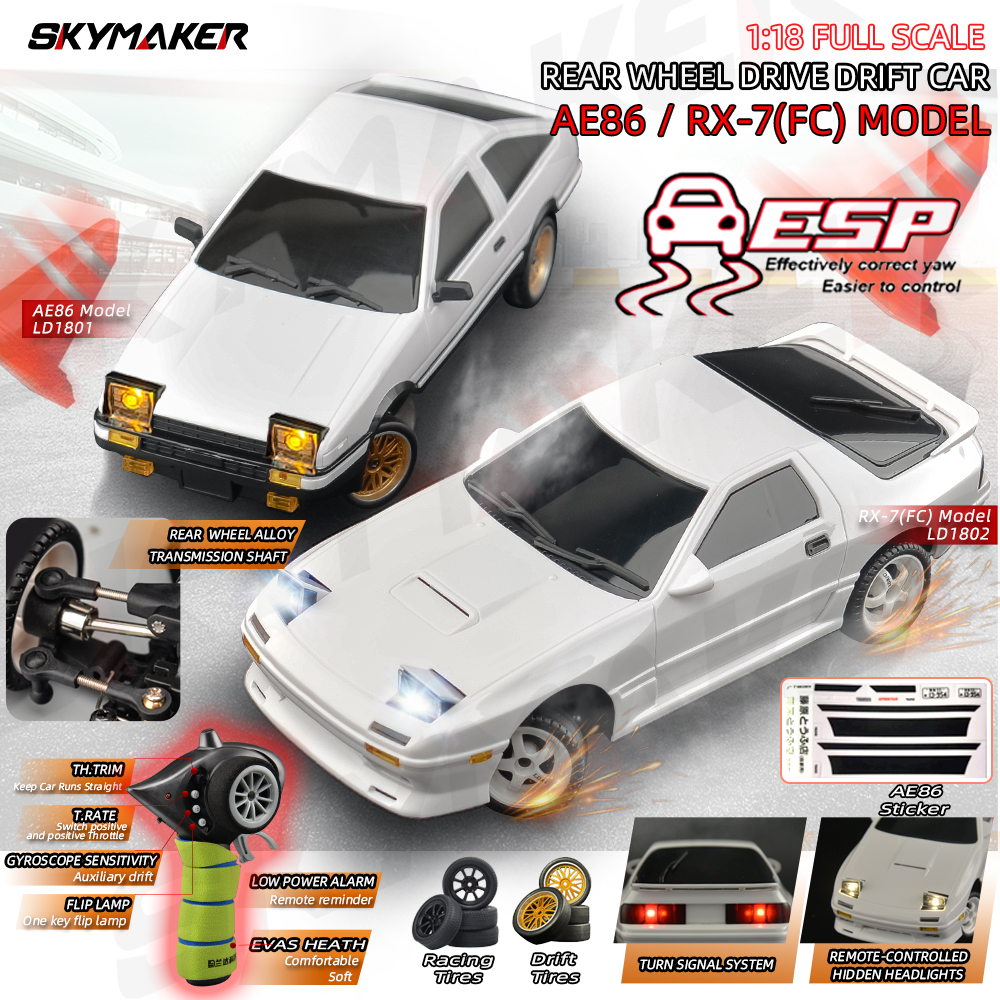 AE86 Model LD1801 RX-7 FC LD1802 1:18 RC Drift Car 1/18 2.4G Remote Control on Road ESP Gyroscope LED Mini RC Racing Car Toys. 