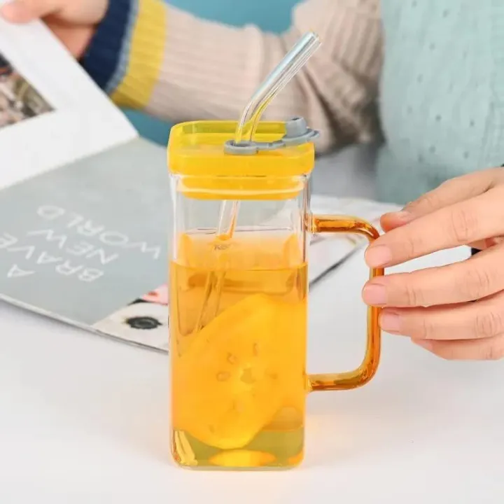 Premium-Square Mason Jar 400ml - Elegant Glass Container for Storage, Preservation and Decor, Airtight Lid, Versatile and Stylish Jar,Milkshake, Coffee & Juice Jar with Straw (Set of 1). 