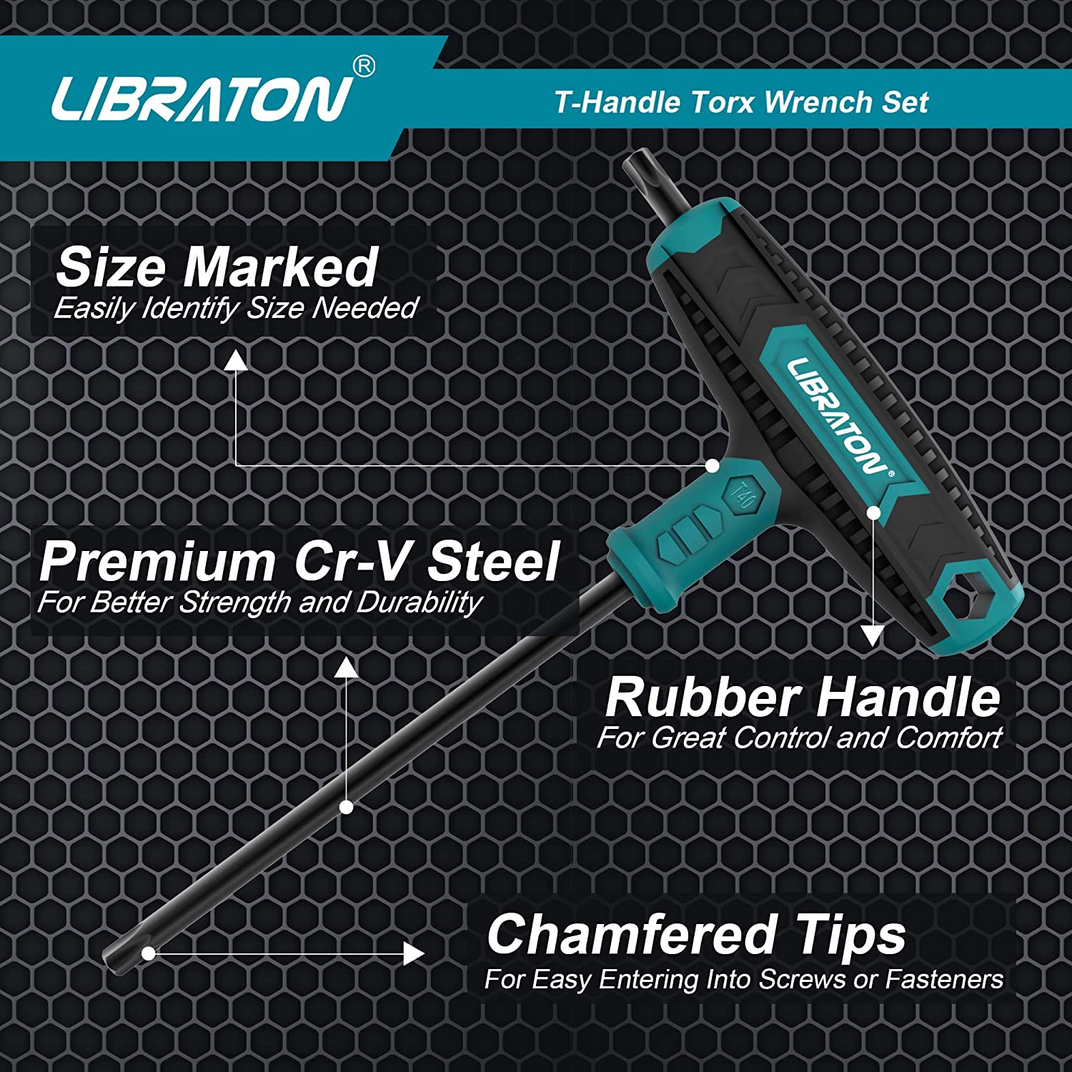 Libraton 7Pcs T-Handle Torx Key Set T Handle Wrench Set, Two-tip Design, T10-T40, Suitable for Torx Screws Auto Bike Repair Tool. 