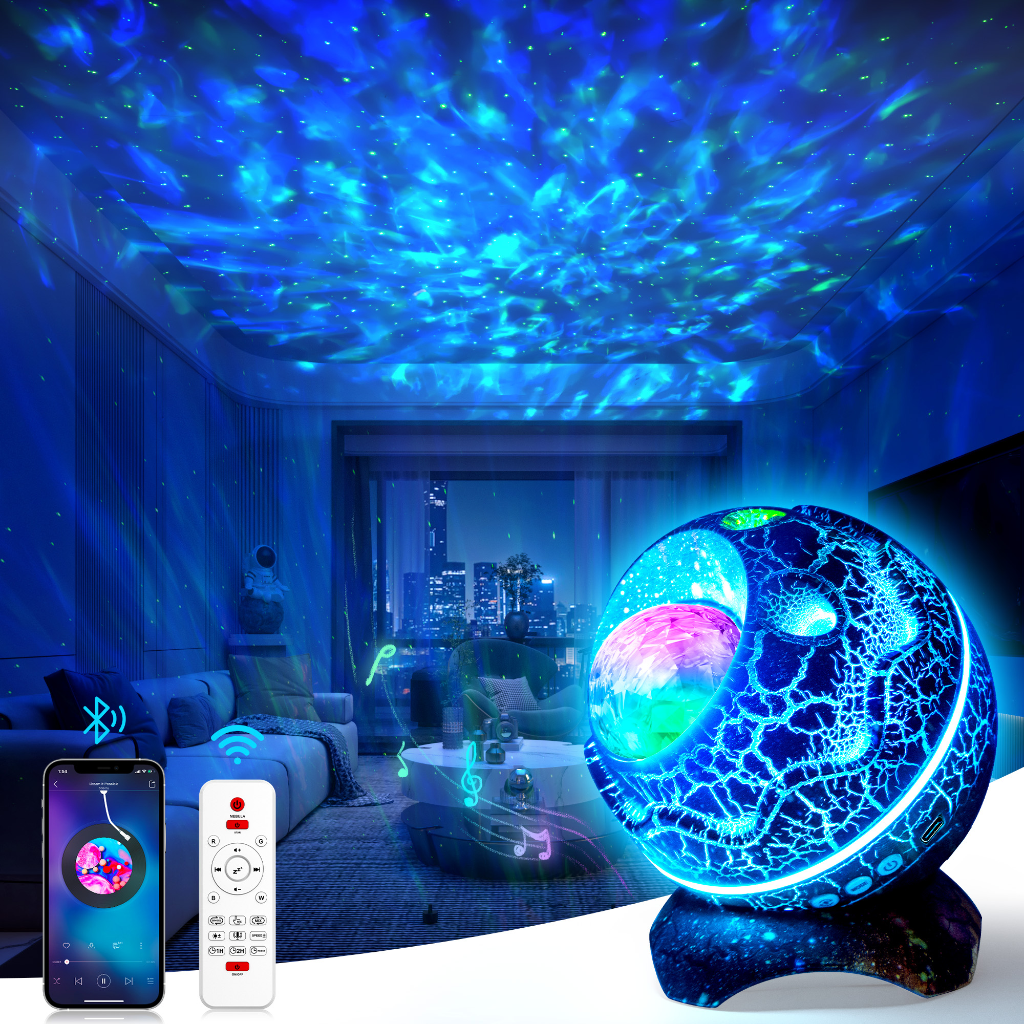 Dinosaur Egg Galaxy Star Projector Starry Light ,360° Rotation Night Light Projector with Remote White Noise Timer BT. 