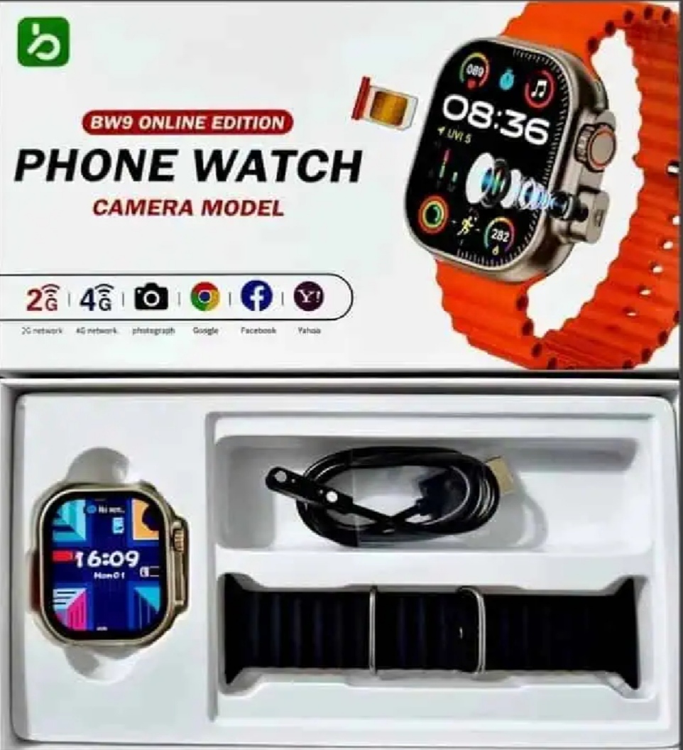 Sim Supported BW9 Sim Card Smartwatch +Hidden Camera+4G Sim slot with2.2 inch HD Display Smart watch Carbon Free pair strap, full touch screen with one strap and wireless charger for men's and boy's. 