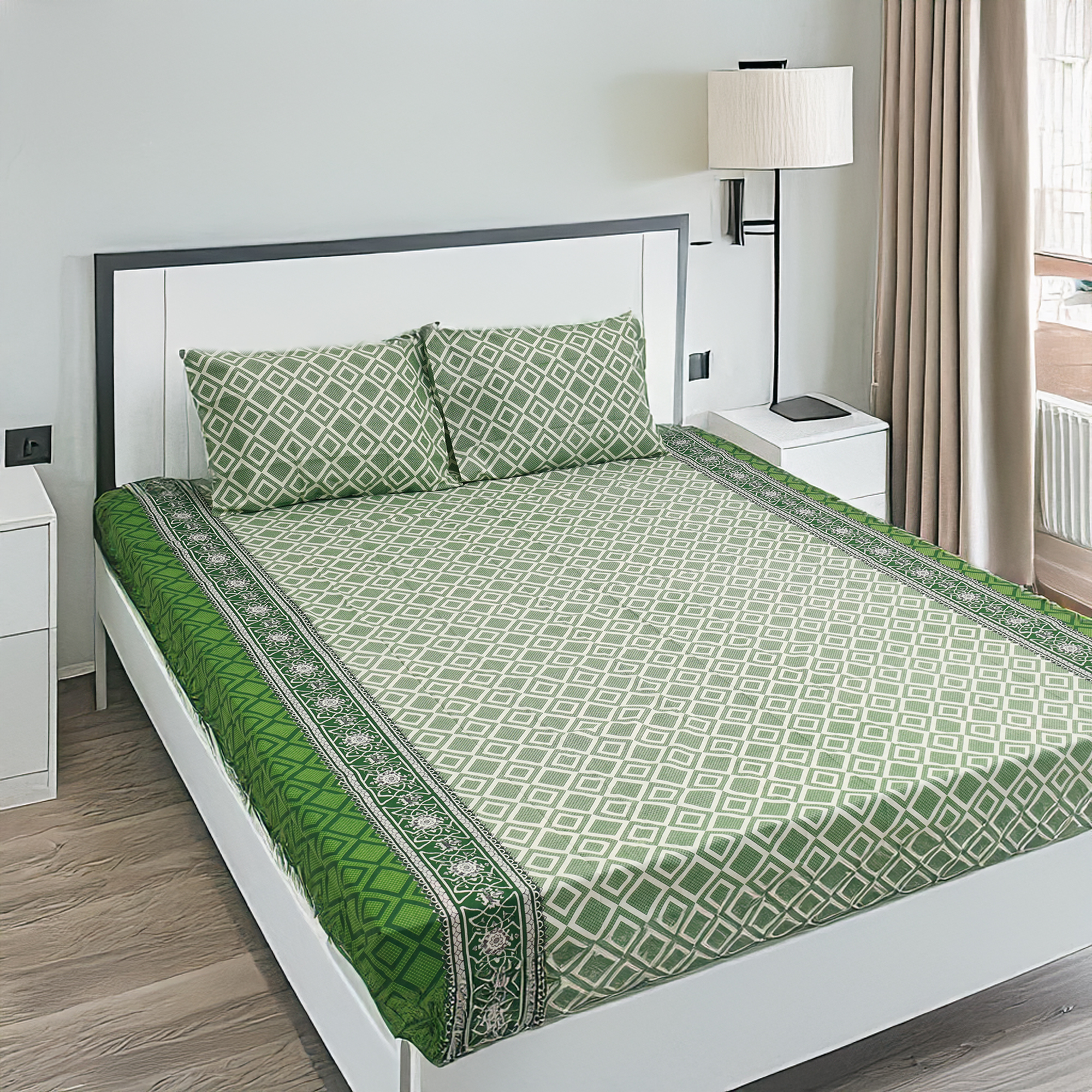 King Size Premium Bed Sheet 88" x 98" with 2 Pillow Covers | Green and White Square Print. 