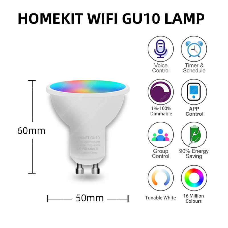 Homekit GU10 Lamps Home APP Voice Control WIFI Smart Bulb RGBCW LED Light Bulbs 5W Dimmable SIRI Alexa Google Home  spotlight. 