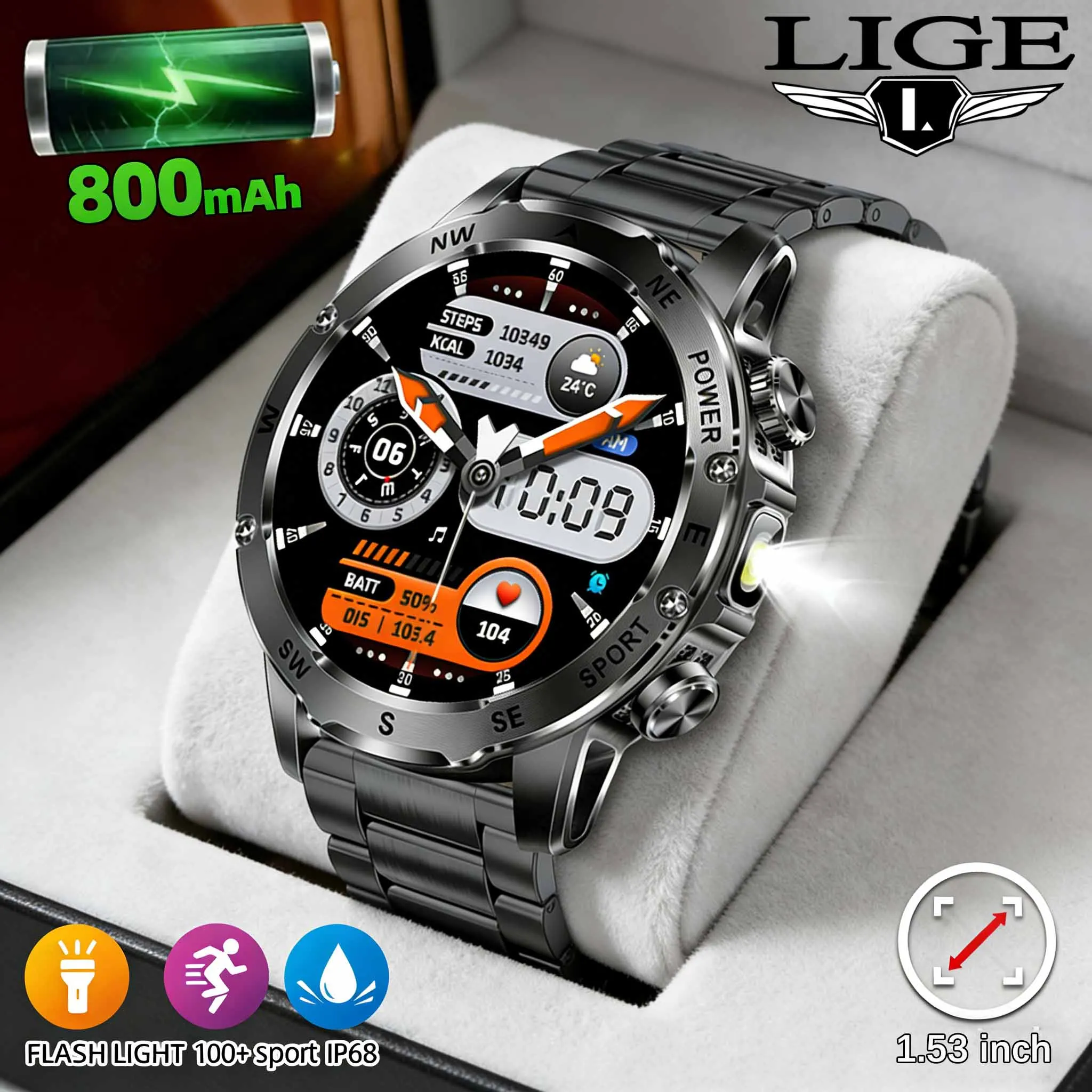 LIGE New Men's Outdoor Sports Smart Watch Men Bluetooth Call 800mAh Big Battery Heart Rate Compass LED Flashlight Smartwatch Men