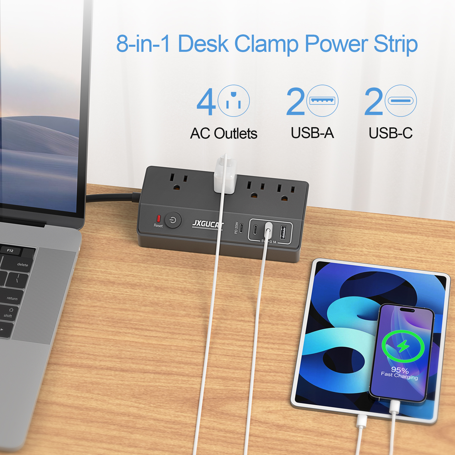 US Removable Fast Charging Desktop Edge Power Strip Surge Protector, 10 ft Extension Cord Flat PlugDesk Clamp Power Strip. 