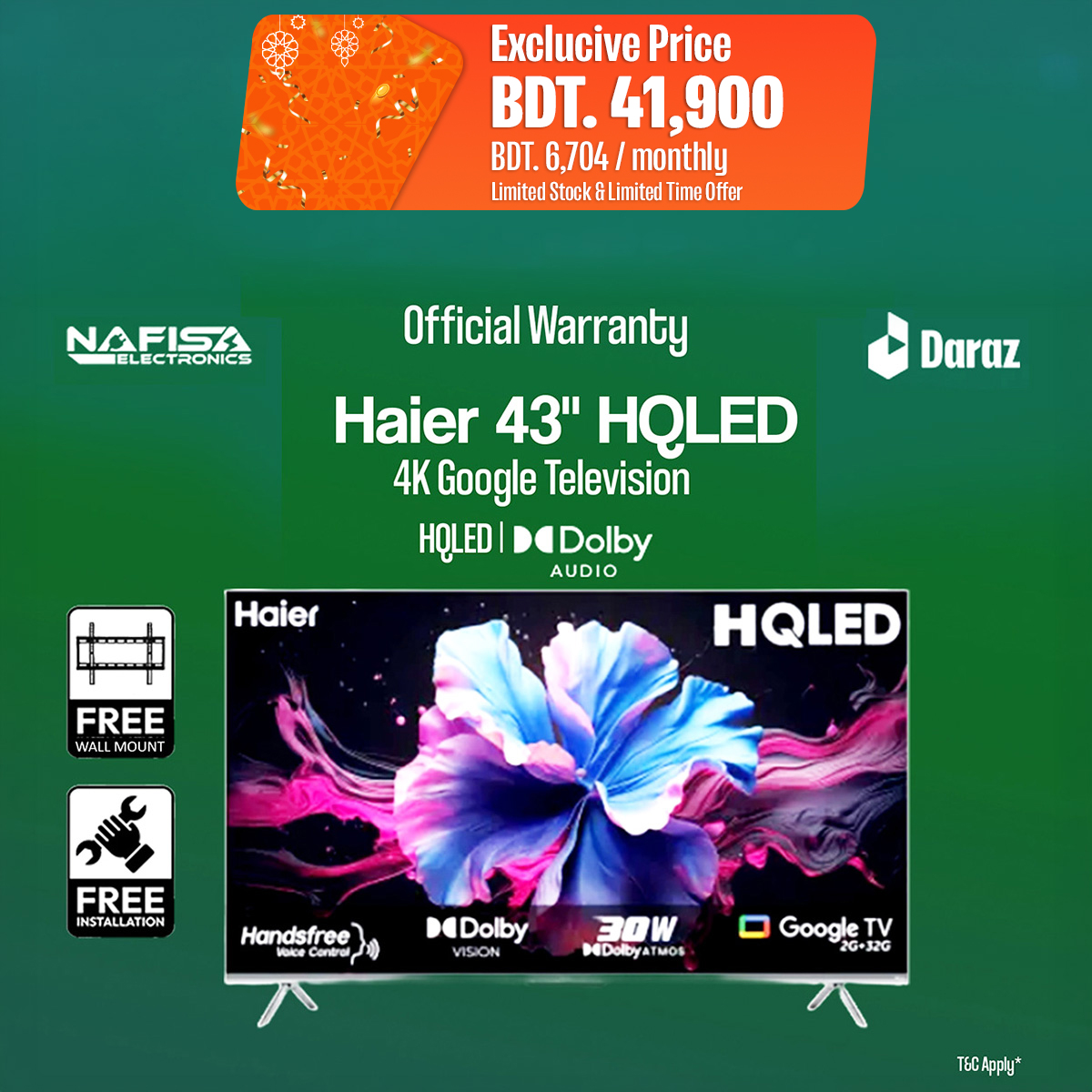 Haier 43 Inch HQLED 4K Google TV (H43P7UX ) with Free Delivery