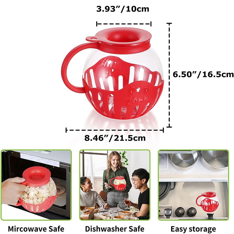LMETJMA 2.25QT Microwave Glass Popcorn Popper with Silicone Lid Microwave Popcorn Popper with Temperature Safe Glass JT186. 