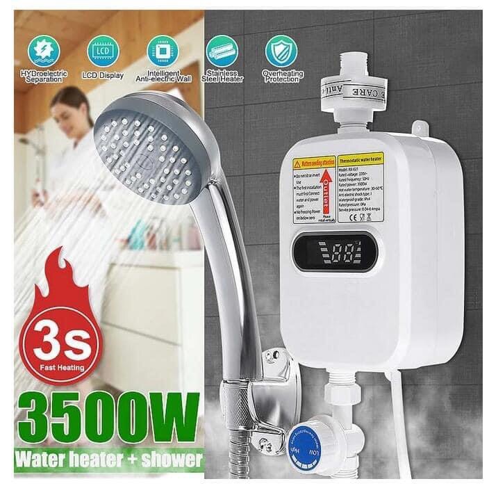 RX-021 Thermostatic Water Heater with Shower and LCD Screen, Boiler Hot Water Heater in 3 Seconds with 3500W. 