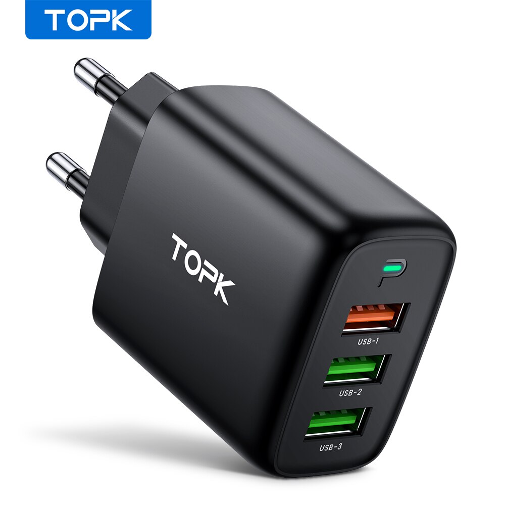 TOPK 30W 3-Port USB Charger Multiple with Intelligent QC 3.0 Technology for IPhone, IPad,Samsung Galaxy, Nexus, HTC,Motorola, LG