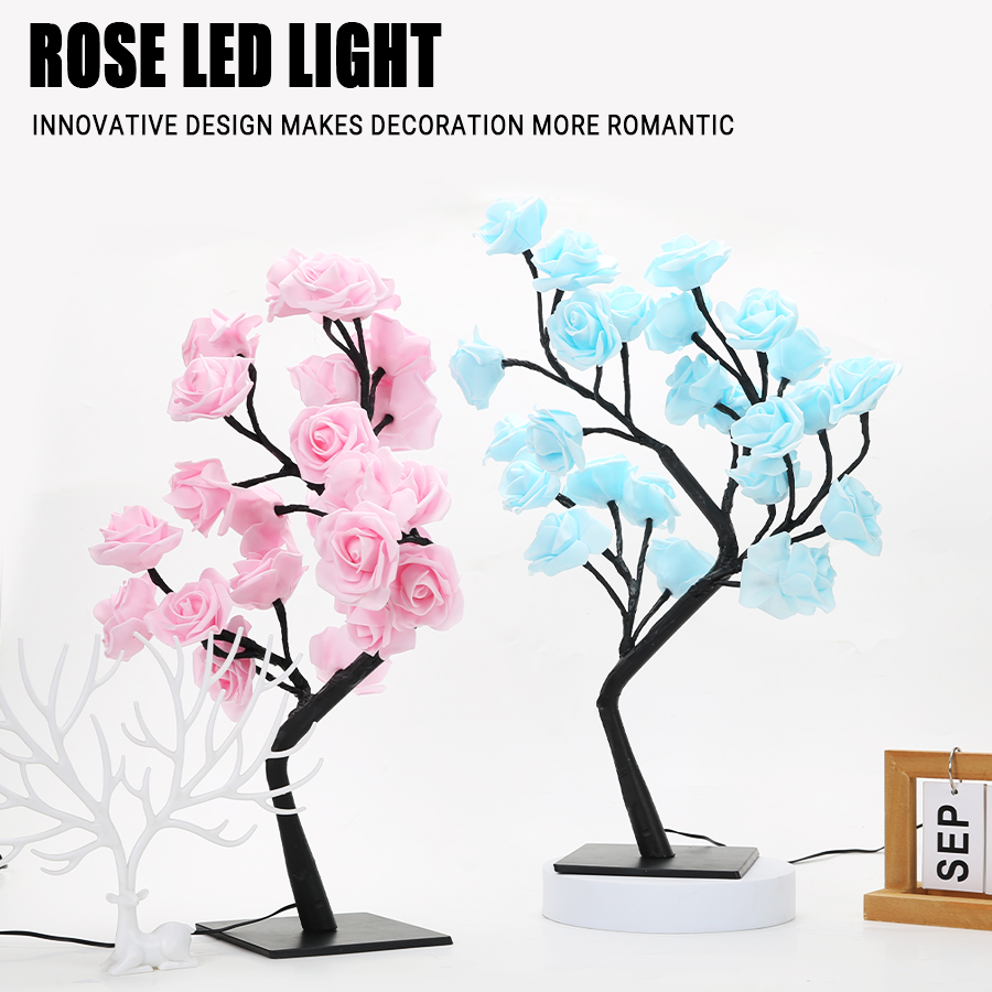 24 LED Rose Tree Lights USB Plug Table Lamp Fairy Flower Night Light For Home Party Christmas Wedding Bedroom Decoration Gift. 