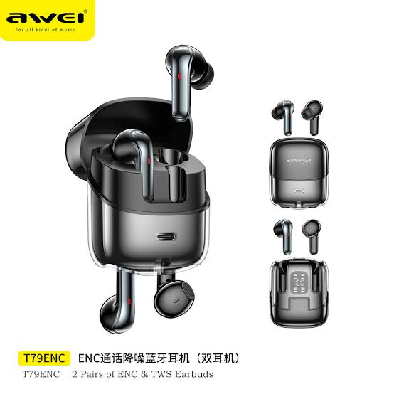 AWEI T79 TWS ENC 2 Pair Original Heavy Bass In-ear Semi-in-ear Dual Mode ENC Smart Noise Cancelling True Wireless Bluetooth Earbuds- Fiction Tech. 