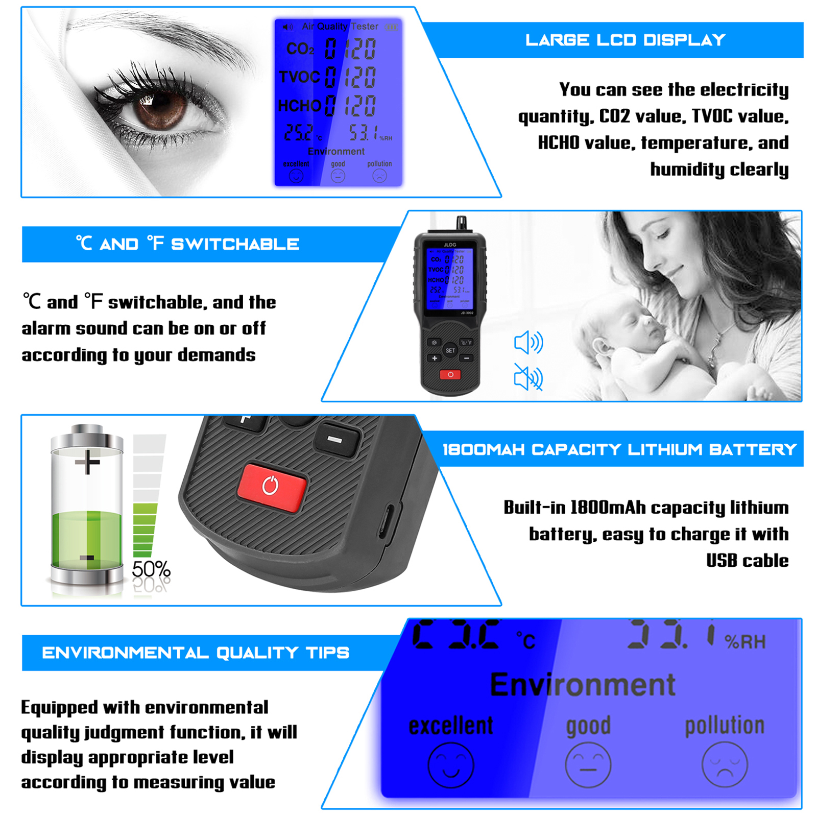 JD-3002 Air Quality Detector CO2 HCHO TVOC Temperature Humidity Measuring Device CO2 Meter Multifunctional Air Quality Analyzer. 