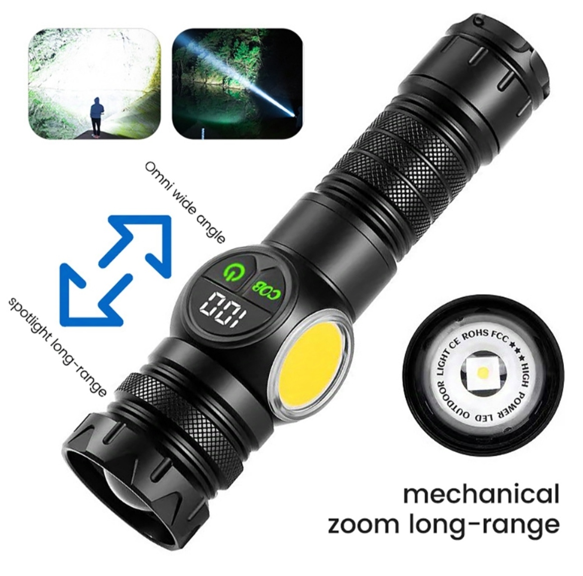 GearUP K60 Outdoor Flashlight Telescopic Zoom 10W COB+LED 800 Lumens Torchlight. 