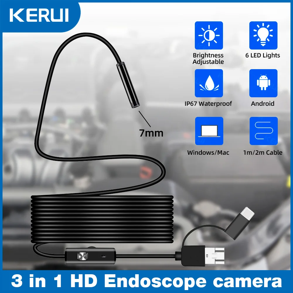 KERUI New 7mm Endoscope Camera 3 in 1 Mini Camera Type C/Micro USB/USB-A Interface Inspection Borescope for Android