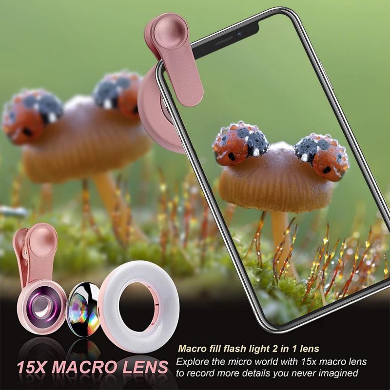 Phone Fill Light 15X Macro Lens Mobile Phone HD Camera Lens with LED Ring Flash Light Smartphone Selfie Live Lamp Fill Light. 