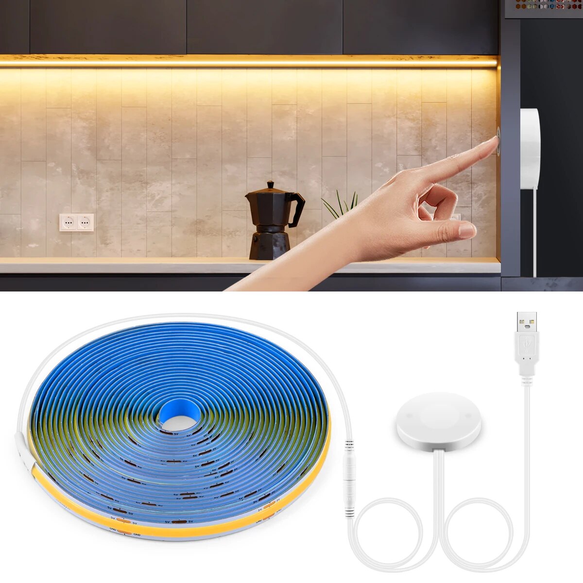 Dimmable USB 5V LED Under Cabinet Light COB Strip With Penetrable Wood Mirror Hand Scan Touch Sensor Switch DIY Kitchen Lighting