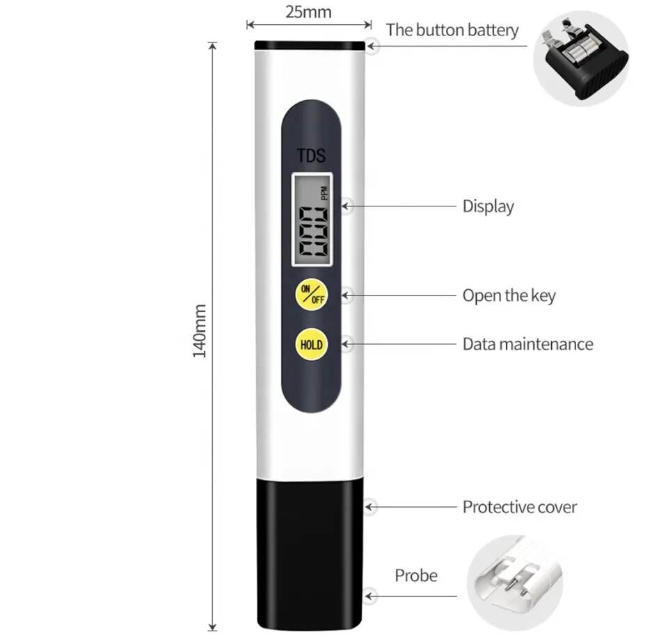 White TDS Testing Pen Household Water Testing Pen Water Quality Testing Tool Hardness Impurity Detector 1PC. 