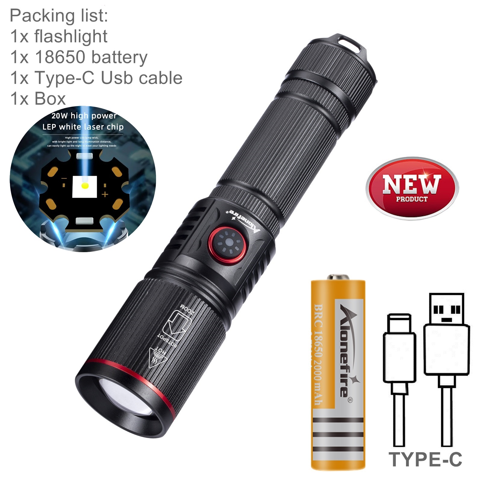 20W Zoom Round Beam Light LED High Power flashlight USB Rechargeable