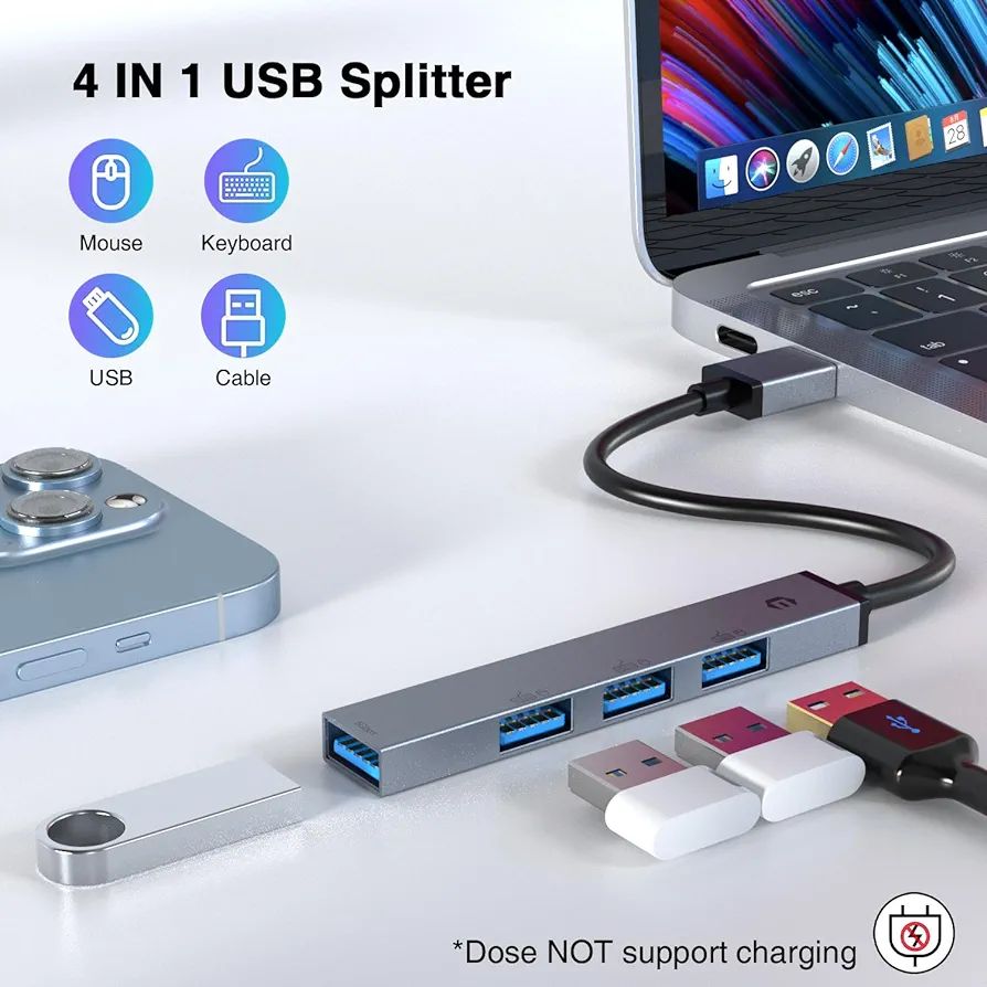 USB C Hub, TOTU Premium 4-Port USB A Hub, Featuring a Single Rapid 5Gbps USB 3.0 Port, and 3 High-Speed USB 2.0 Connectors for Seamless Integration Across Windows, Linux, Chrome OS Devices. 
