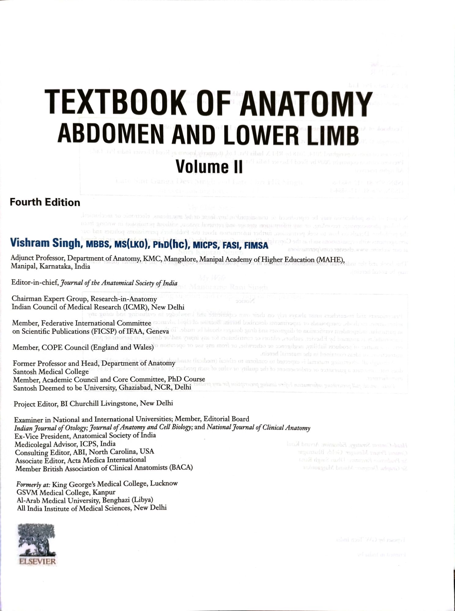 VISHRAM SINGH TEXTBOOK OF ANATOMY - ABDOMEN AND LOWER LIMB (VOLUME 2) FOURTH EDITION. 