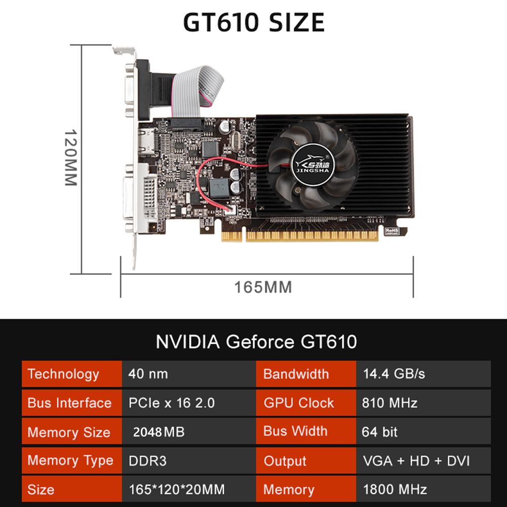 GT610 Video Card 1/2GB PCIE X16 2.0 NVIDIA GeForce GT 610 DDR3 Graphics Card VGA HD DVI 64Bit 1800MHz GT610 GPU Graphics Card. 