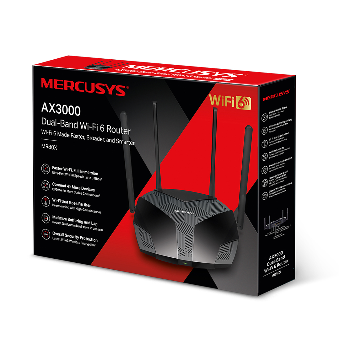 Mercusys MR80X V2.2 AX3000 Dual-Band Wi-Fi 6 Gigabit Router WiFi Speed up to 2402Mbps/5GHz + 574Mbps/2.4GHz, Gigabit 3 LAN Ports, 1 WAN Port Ideal for Gaming. 