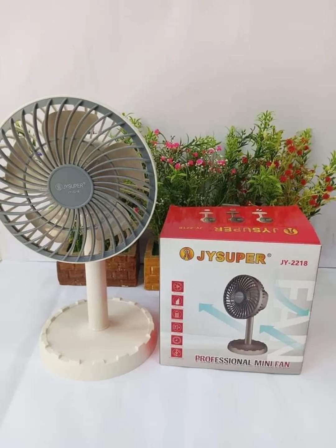 Joy Super JY-2218 Professional Rechargeable Portable Mini Table Fan Strong Wind Left to Right Oscillating Angle 45 Degrees - AC/DC. 