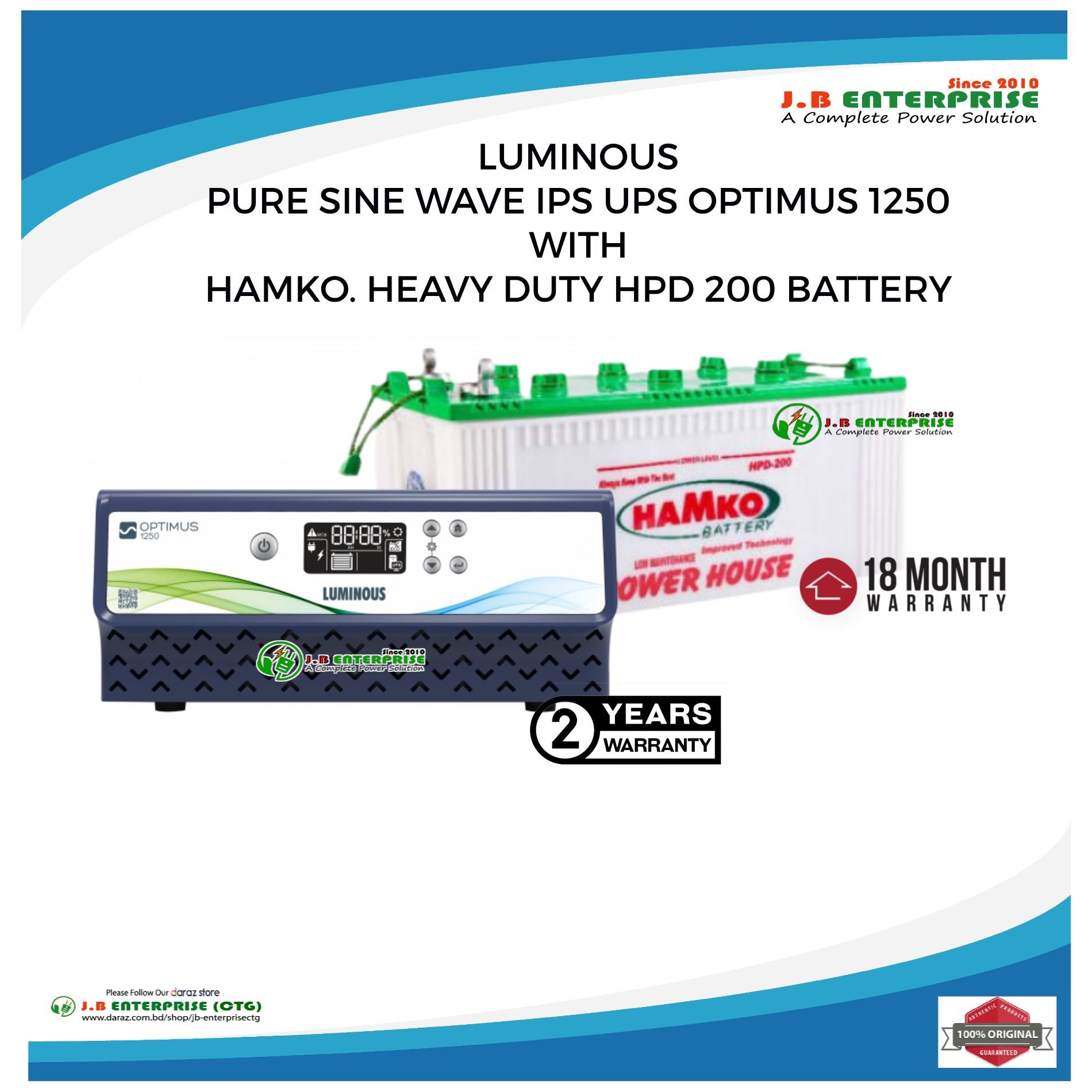 LUMINOUS PURE SINEWAVE IPS UPS MACHINE OPTIMUS 1250 WITH HAMKO_ 200AH BATTERY COMBO FOR 5/6 FAN 8/10 LIGHTS