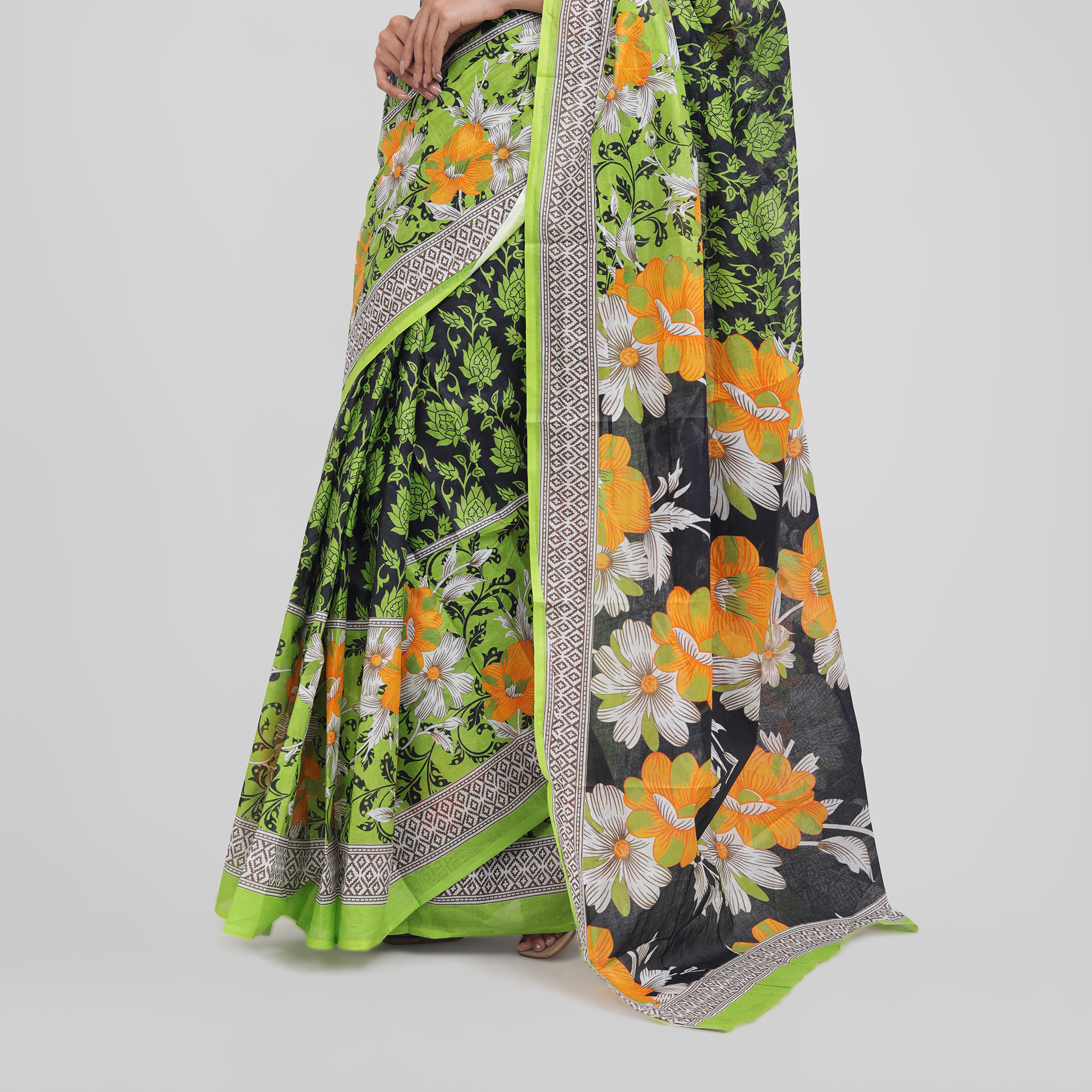 Bright Orange & White Floral Print on Olive Green Body | Digital Printed Saree | Contrast Aanchal & Border. 