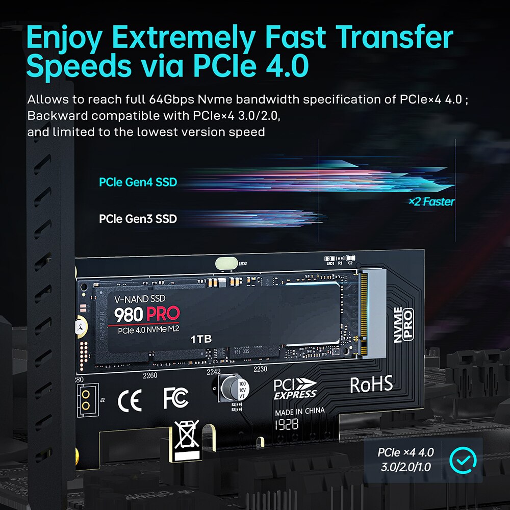 JEYI M.2 NVME SSD to PCIe 4.0 3.0 Adapter, 64Gbps SSD PCIe 4.0 X4 Expansion Card for Desktop PC , PCI-E GEN4 GEN3 Full Speed SK4. 
