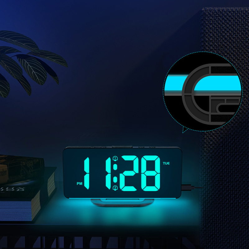 Digital Alarm Clock Desk/Wall Dimmable Electronic Clock with RGB Atmosphere Night Light  Rainbow Time USB Charger Week Display. 
