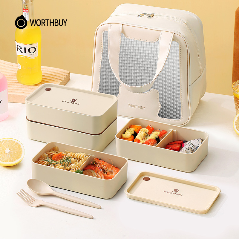WORTHBUY Portable Lunch Box Microwave Safe Plastic Bento Box With Compartments & Sauce Box Stackable Salad Fruit Food Container. 