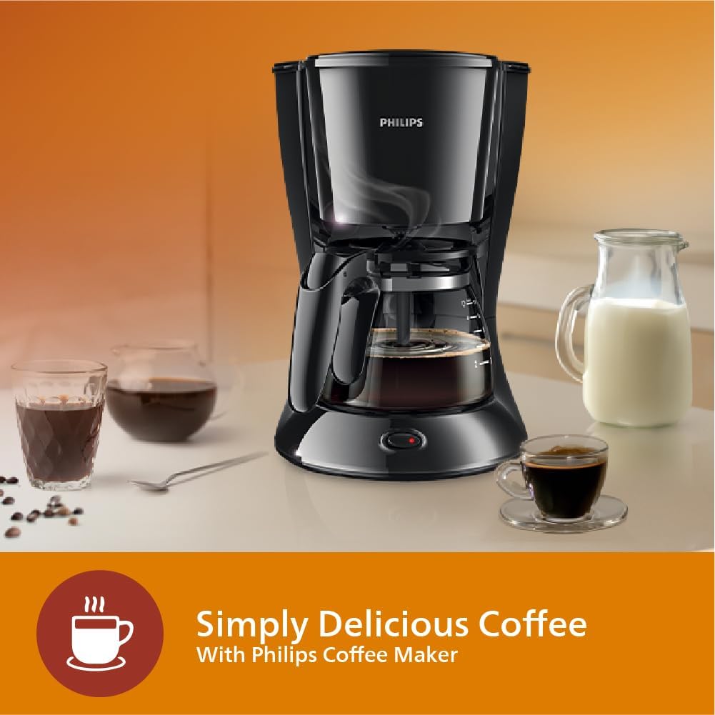 Philips coffee maker HD7432/20 with glass jug makes 2-7 cups in 10 min brewing time, compact design that takes little space in your kitchen, water level indicator. 