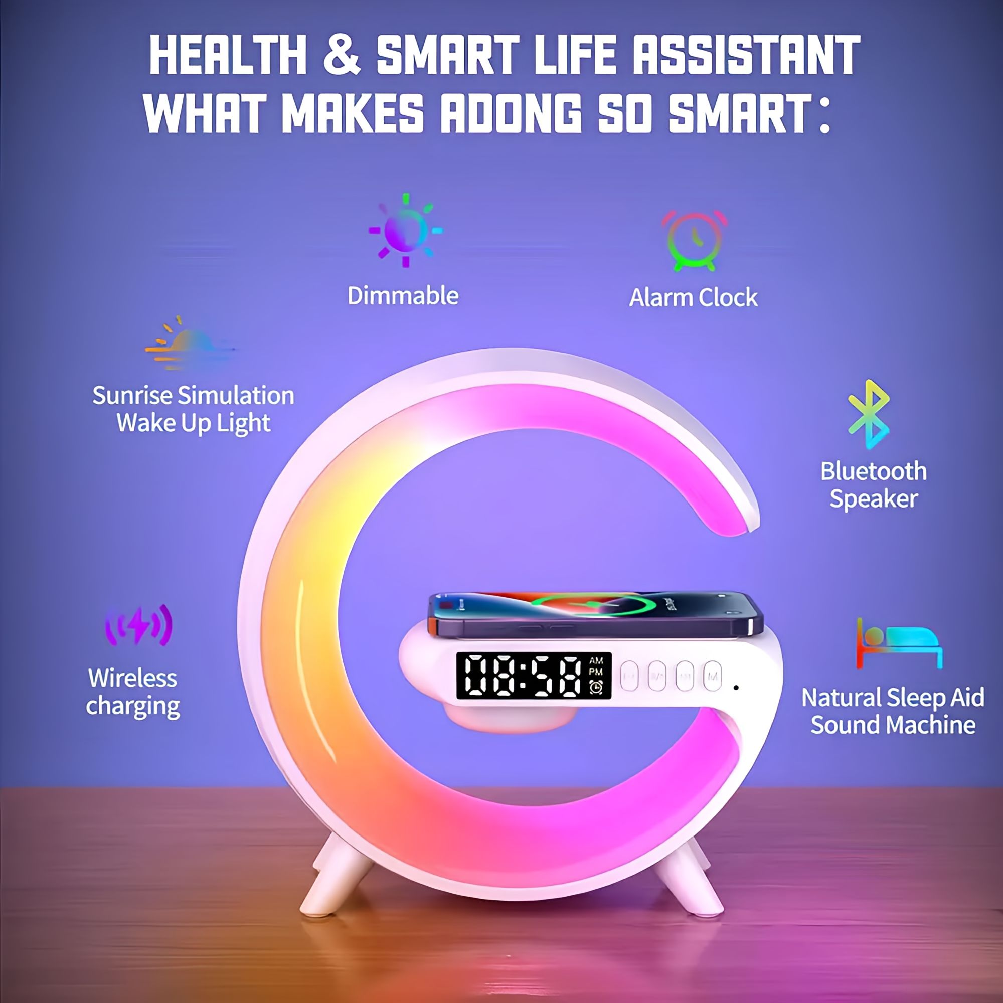 Smart G Lamp Bluetooth Speaker Wireless Charger RGB Alarm Clock Night Light. 