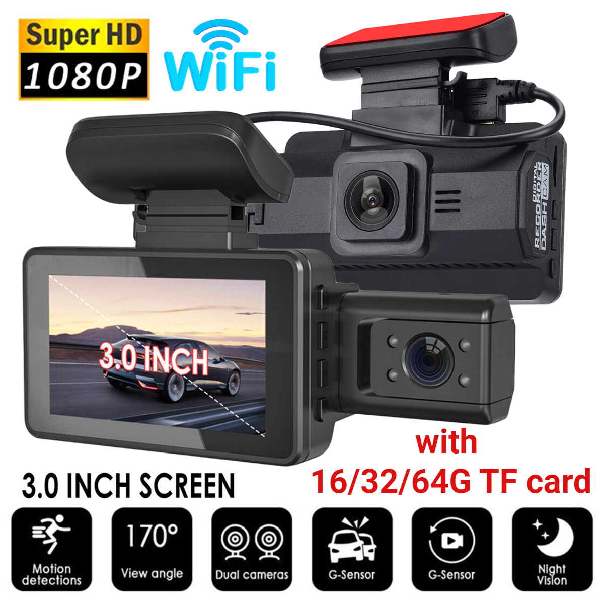3 Channel Dash Cam 2 Lens Car Dvr Video Recorder with WiFi Black Box Dual Lens DVR with Rear View Camera 24H Parking Monitor. 