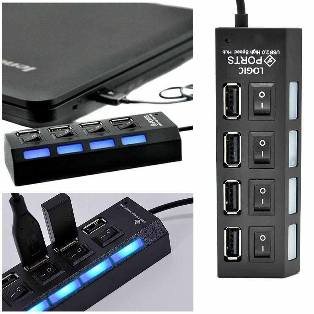 Adapter 4 Ports USB 2.0 Hub On/Off Switch Multi Splitter For Laptop/PC/Desktop