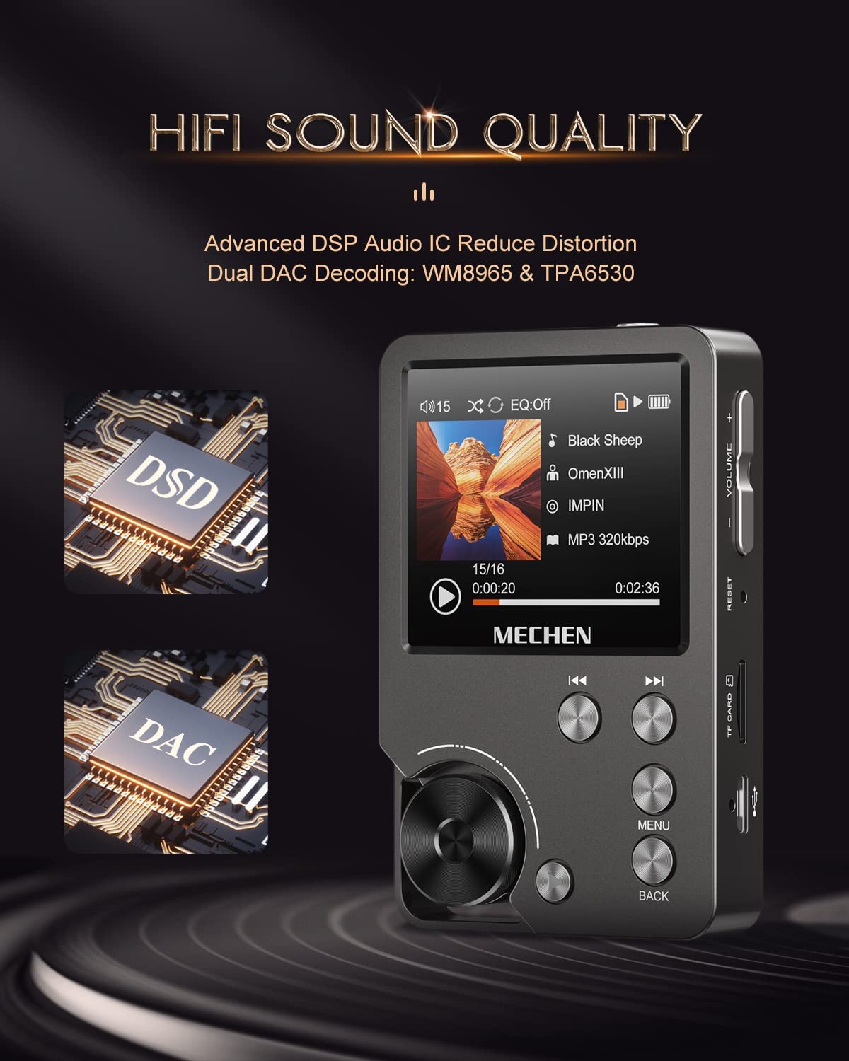 MP3 Player, Lossless DSD High Definition Portable Hi-Fi Digital Audio Music Player with 64GB Memory Card, Supports Up to 256GB. 