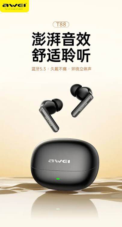 Awei T88 True Wireless Bluetooth Earphone 10mm Moving Coil Super Bass Spatial Sound Effects Earbuds 30 Hours Of Playback Time Ergonomic Design Gaming Headset. 