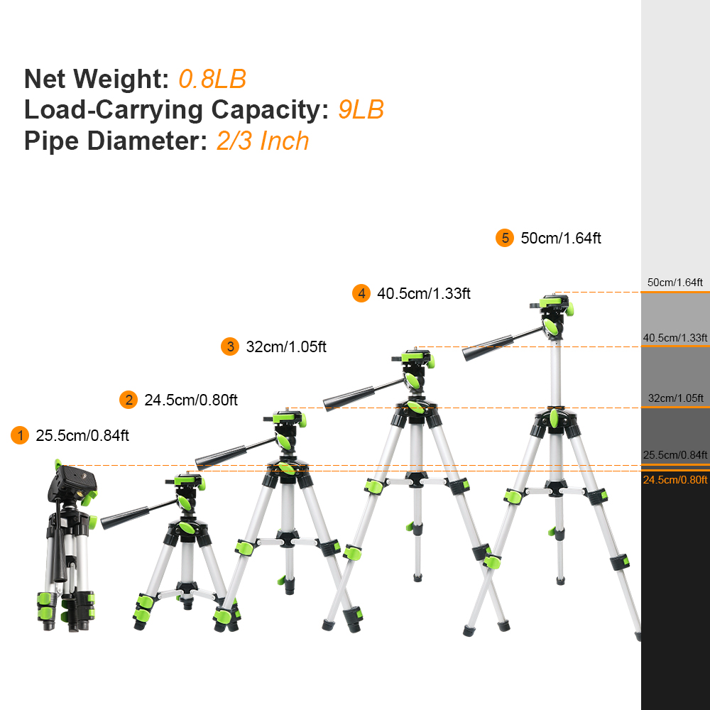 Huepar Aluminum Portable Adjustable Tripod for Laser Level Camera with 3-Way Flexible Pan Head Bubble Level 1/4"-20 Screw Mount. 