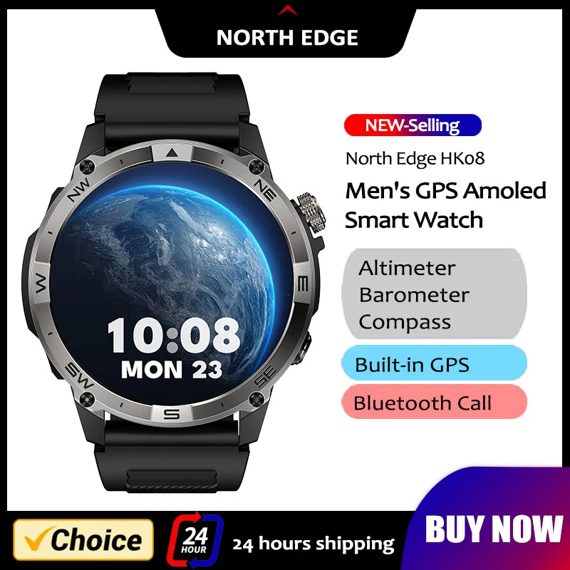 NORTH EDGE Sports Smart Watch 1.43'' Amoled Display AOD Mens Watch Bluetooth Call Altitude Barometer Compass IP68 Waterproof